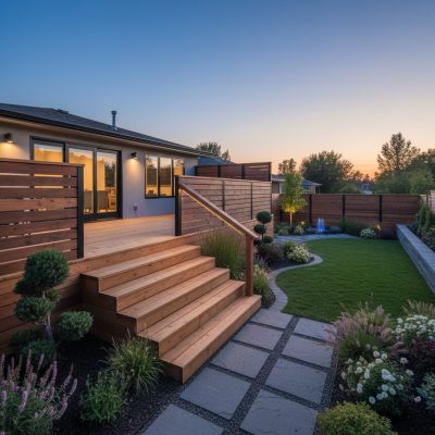 Backyard Fence and Deck with Landscaping